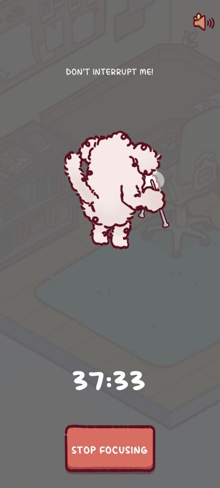 A screenshot of the app/game Focus Friend, showing the backside of a fluffy white dog dog standing on their back legs while knitting with the front paws.  Top text: Don't interrupt me! 