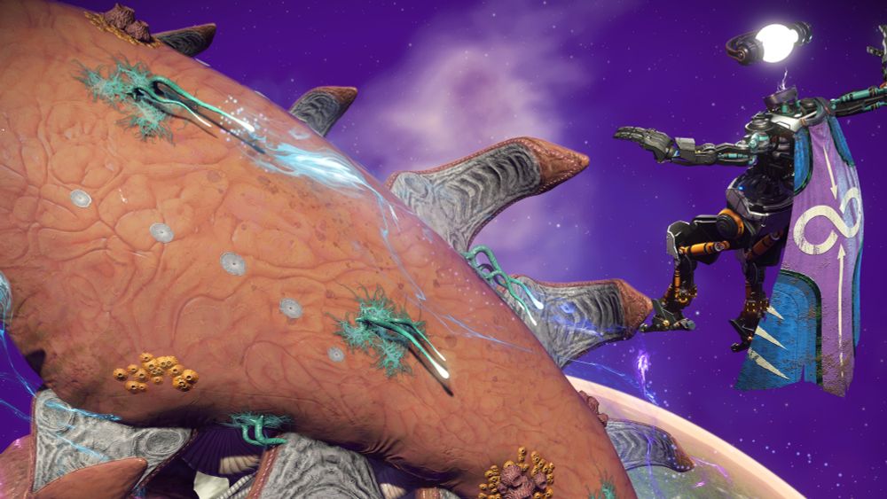 Screenshot of No Man's Sky showing a space whale freighter and a character player, in space.
