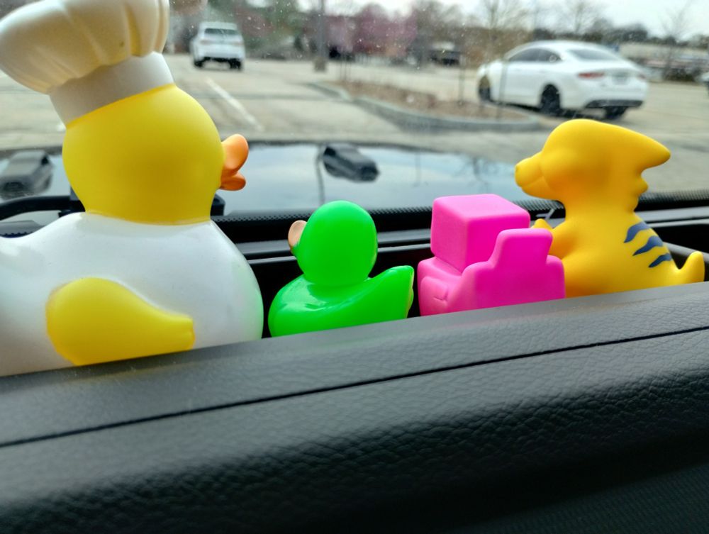 The two new ducks between two larger ducks on the jeep dashboard. One large duck is a chef and the other is a duckbill dino. Both are yellow.