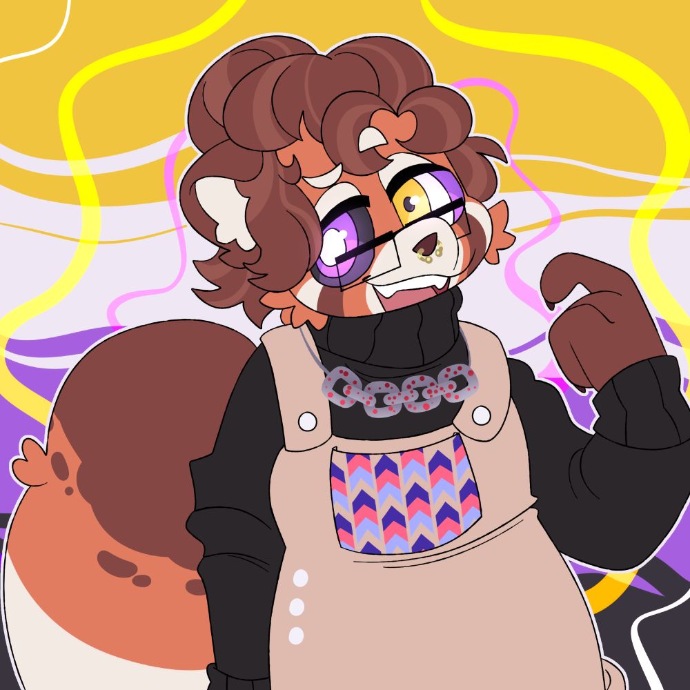 Red panda wearing a black turtleneck and peach coloured overalls, with eyes swirling with the non binary flag colours