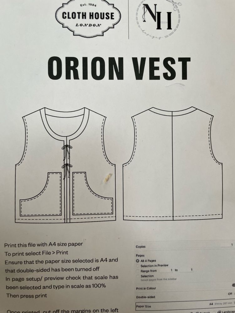 Image of a patter for the ‘Orion Vest’. Free pattern, with thanks to Cloth House