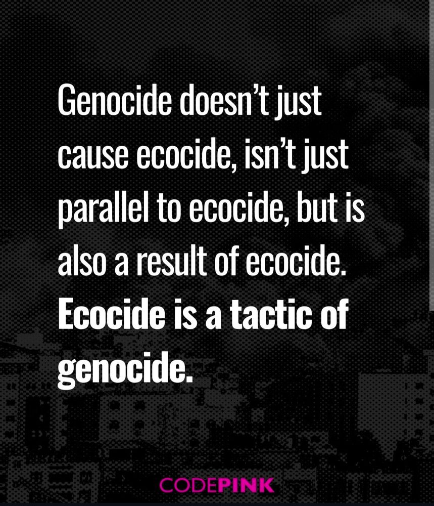 White wording on a black background: "Genocide doesn't just cause ecocide, but is also a result of ecocide. Ecocide is a tactic of genocide." -"CodePink" is written in pink at the bottom 