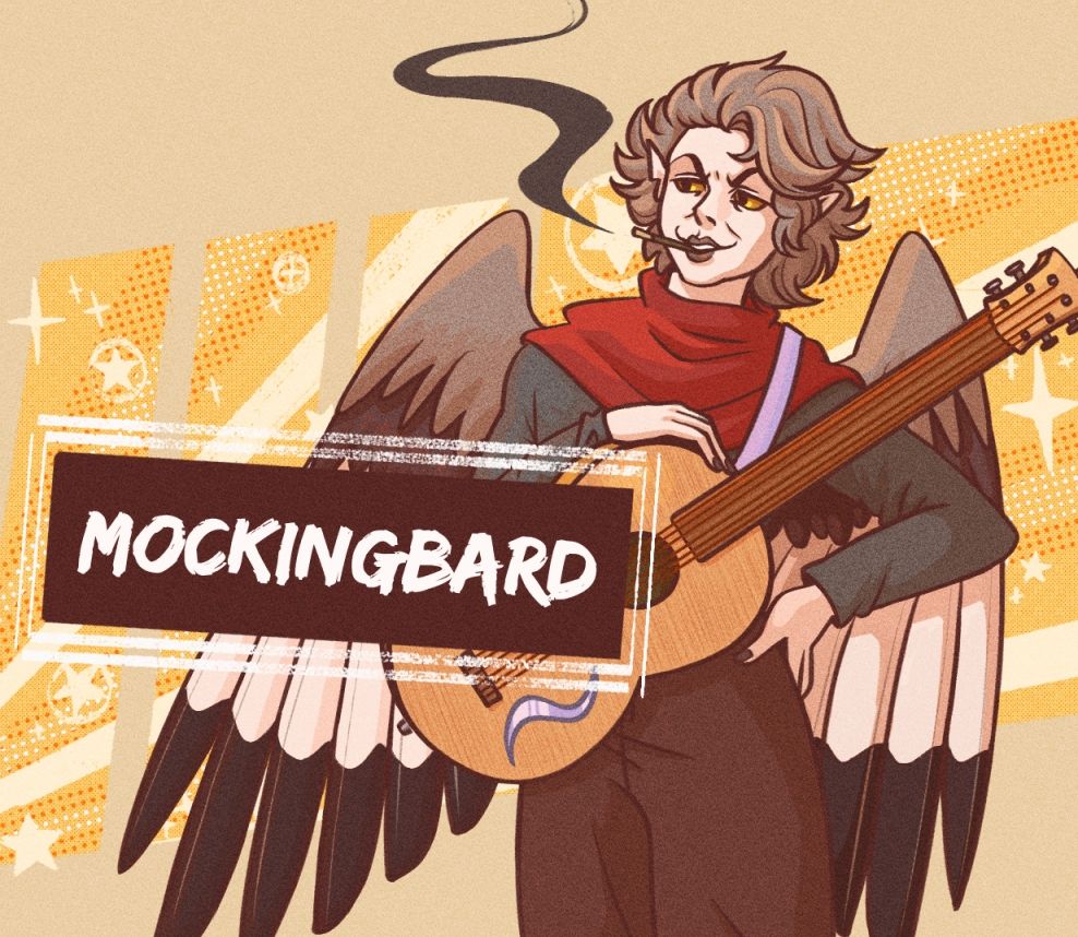 A pale Ishanni avian bard with curly grey hair, yellow sclera, and a scarred right ear. He wears a red shawl, a grey shirt, and dark, baggy pants. He has white, black, and grey wings resembling those of a mockingbird, and a guitar-like stringed instrument is slung across his chest. A lit cigarette protrudes from his mouth. The background consists of a yellow and white starburst pattern and a black nameplate with the moniker "Mockingbard" displayed upon it.