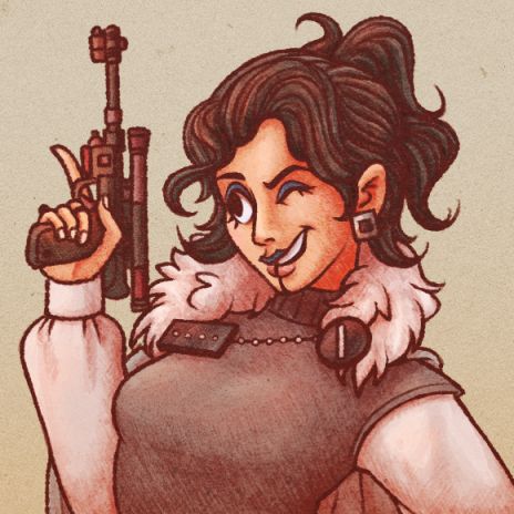 Skip Intro, a Corellian space pirate. A woman with curly dark hair tied in a ponytail. She wears dark eyeliner and lipstick, square earrings, and a grey cape with a fur collar. She winks and smiles as she produces a blaster from underneath her cape.