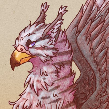 Modesty, an immortal demigod gryphon. He has the features of a gryfalcon (bird parts) and a maine coon (cat parts), with a yellow, raptor-like beak and pale plumage with dark stripes. He has distinctive bits of fluff at the end of his ears, and dark markings above his eyes that resemble thick eyebrows. He glances warily at the viewer with an expression of faint annoyance.