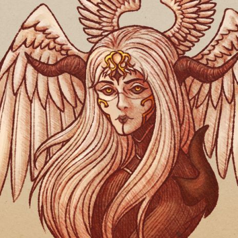 Empyreal, a great mechanical angel created under circumstances at the limit of human understanding. A pale being with dark eyes, ornate forehead and cheekbone decorations, curved horns extending horizontally from the sides of its head, and long, flowing white hair. Two pairs of angelic wings extend from its head, one large set from the sides, and one smaller pair from the back of the head that bend upwards to form a halo. The entity turns to look at the viewer with an expression that conveys acknowledgement but little else that can be clearly interpreted.