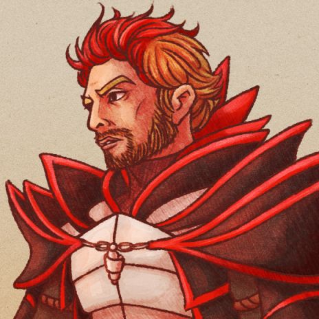 Perry, protector of a timeless citadel along with his lifetime wyvern companion, Malchior. A man with short, light-colored hair dyed red at the front. He sports a short beard and wears ornate armor of crimson and black that is styled to resemble the frills and scales of his wyvern companion. A silver necklace hangs in front of his breastplate, and his gaze is directed away from the viewer as he regards something in the distance with a quiet determination.