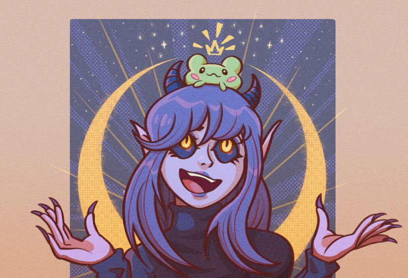 A small froglike creature sits atop the head of a blue-haired tiefling woman. The tiefling looks up at the creature with an expression of joy while raising her hands palm-up. The background consists of a yellow crescent moon motif on a navy blue background. Gold lines and light blue halftones radiate outward from the center of the composition, and the top of the picture shines with stars and sparkles. A golden crown symbol hovers above the frog creature's regal head.