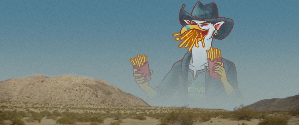 An anthro ring-billed gull griffon with light bluish markings and a large ear piercing containing a greenish jewel. He is wearing a black jacket, a grey graphic T-shirt with the words "Lettuce Farm" written on it, and a black cowboy hat. He is posed holding a box of french fries in each hand while he screams with his bill wide open, french fries falling out. He appears as a giant spectral vision over a desert landscape in a manner that references the viral music video for Kirin J. Callinan's "Big Enough".