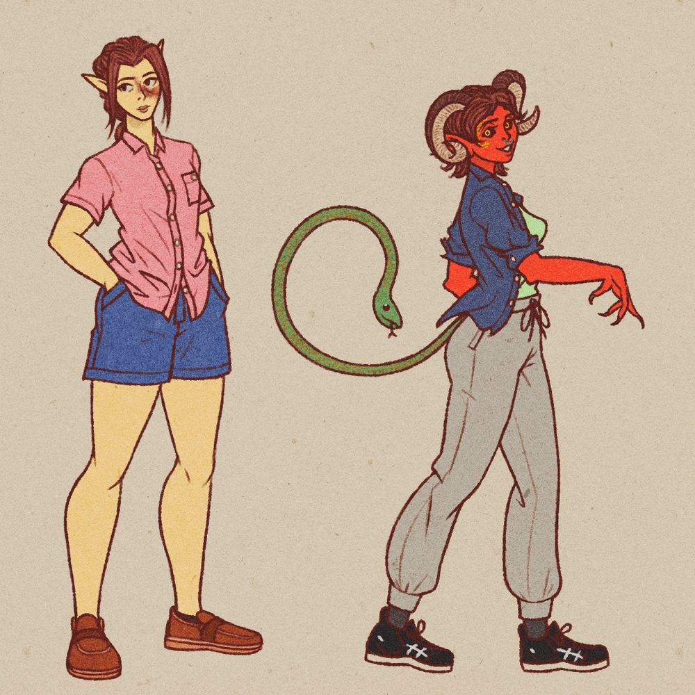 A tall wood-elf with dark hair tied in a large bun and long bangs hanging off the sides of her head and a burn scar on the left side of her face. She is wearing a pink button-down shirt with the lowermost button undone along with a pair of denim shorts and light brown loafers. She stands in a relaxed, forward-facing position with her hands in her pockets, but her gaze is averted and distant.

ALSO PICTURED, a red-skinned tiefling with yellow irises, a short bob-haircut, curled horns similar to those of a ram, golden scales on their cheeks and brows, and a silver nose-ring. They are wearing a close-fitting light green Tshirt with a open navy blue shirt-jacket on top. They are also wearing a pair of light grey jogging pants and black-and-white sneakers. They are posed with their profile facing the viewer as if in the middle of taking a step, while they make eye-contact out of the side of their head with a cheerful expression. Also, they have a tail that is a live snake. It it also making eye-contact with the viewer.