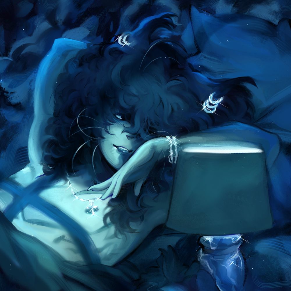 drawing, painting, digital bust art of my bare chested feline fursona laying on their back, in a bed with a blanket, dominantly dark blue color scheme with desaturated azure colors for a light contrast, nighttime setting, fancy bedside lamp, plants, shadow of a window muntin on their chest