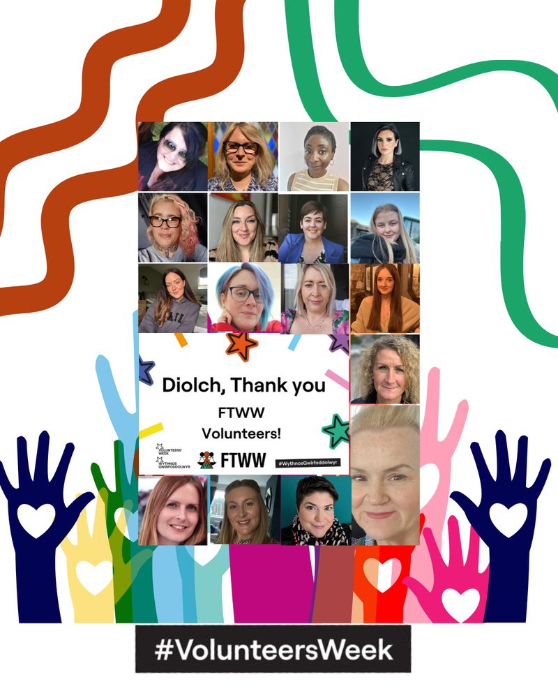 A collage of volunteers' portraits surrounds a central thank you message for FTWW volunteers, with colorful hand graphics and a #VolunteersWeek banner at the bottom.