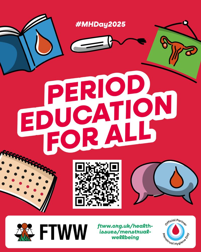 A graphic promoting period education for all, featuring menstrual icons, a QR code, and the hashtag #MHDay2025 on a red background.