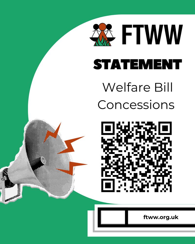 A green and white graphic from FTWW featuring a stylized logo of three figures holding a scale over a campfire. The bold text reads "STATEMENT: Welfare Bill Concessions." A black-and-white halftone megaphone with red sound lines is on the left. A large QR code is centered on the right side, and the website "ftww.org.uk" appears at the bottom in a rectangular banner.