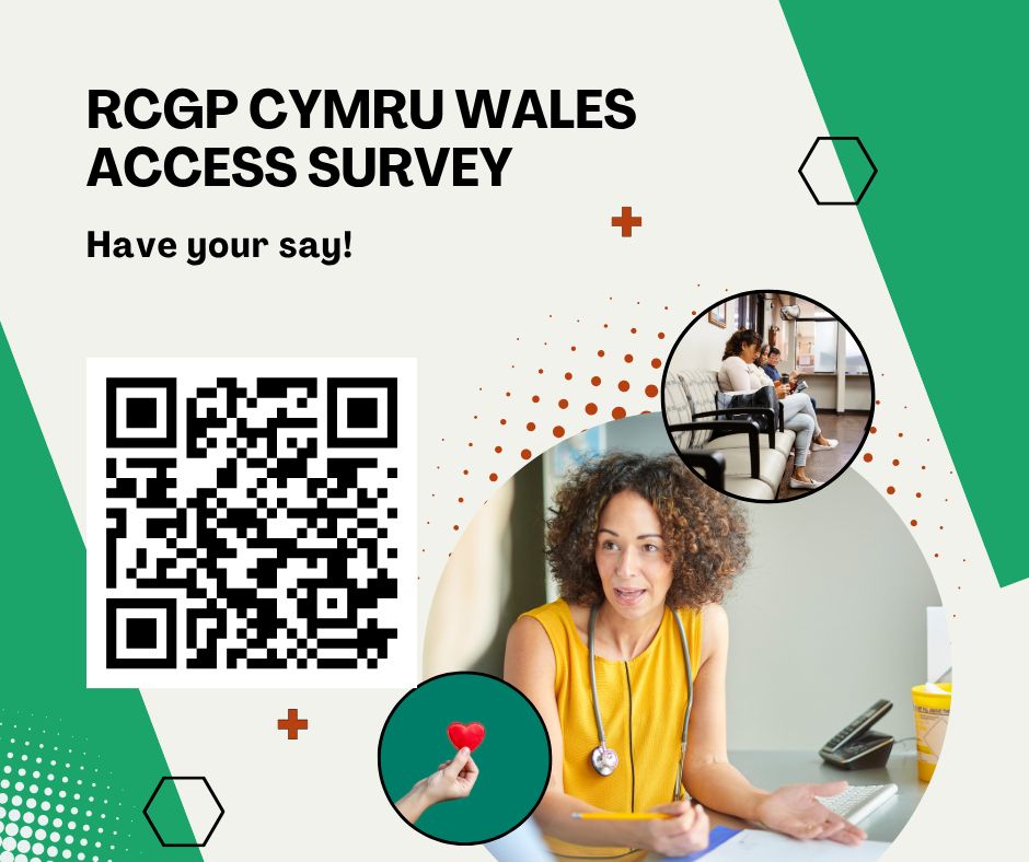 RCGP Cymru Wales survey poster with a QR code, healthcare images, and the text 'Have your say!' encouraging feedback on GP access.