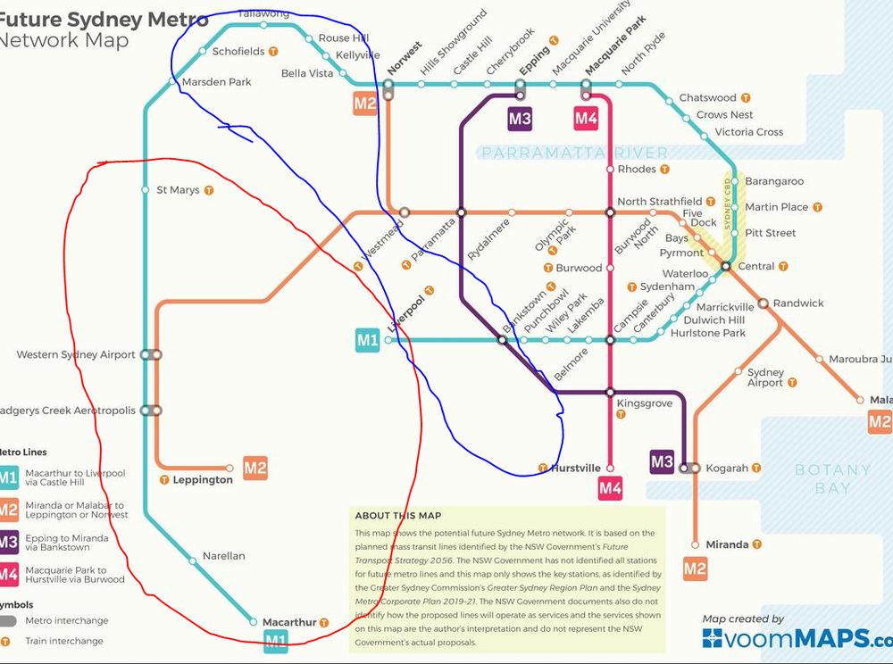 2056 map of Sydney Metro with the 5/30+ stations highlighted that service low-SES areas