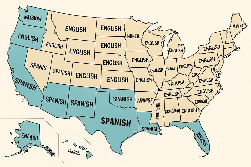 hard to fully explain this for the visually impaired but it’s a map of the US where most states are color-coded in yellow, some are colored in blue, and most are labeled with ENGLISH or SPANISH or a recognizable misspelling of one of those words. a few states are labeled with something more incomprehensible, or not labeled 