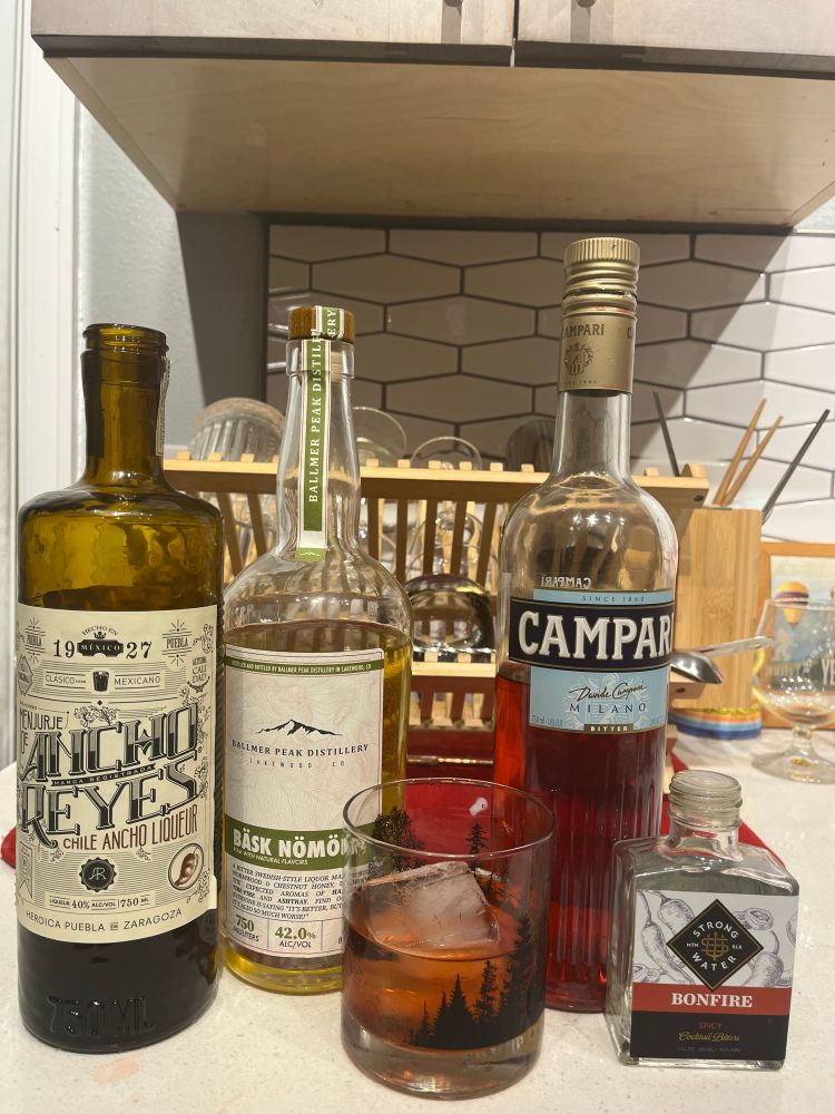 calling this ‘malpais legate’ 1 oz bäsk (use malört) 1 oz ancho reyes 1 oz campari - - - - - chile bitters 