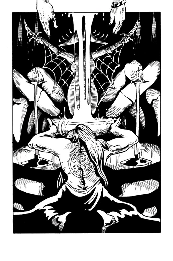 An ink illustration depicting a dark dungeon ritual, a figure in the foreground is kneeling, back away from the viewer, holding a large bowl that a liquid drips into from above. Up above two hand dangle from out of frame, and an evil looking figure holds two bloody daggers. Two candles are the only light source, and in the background three large spider leg structures jut out.