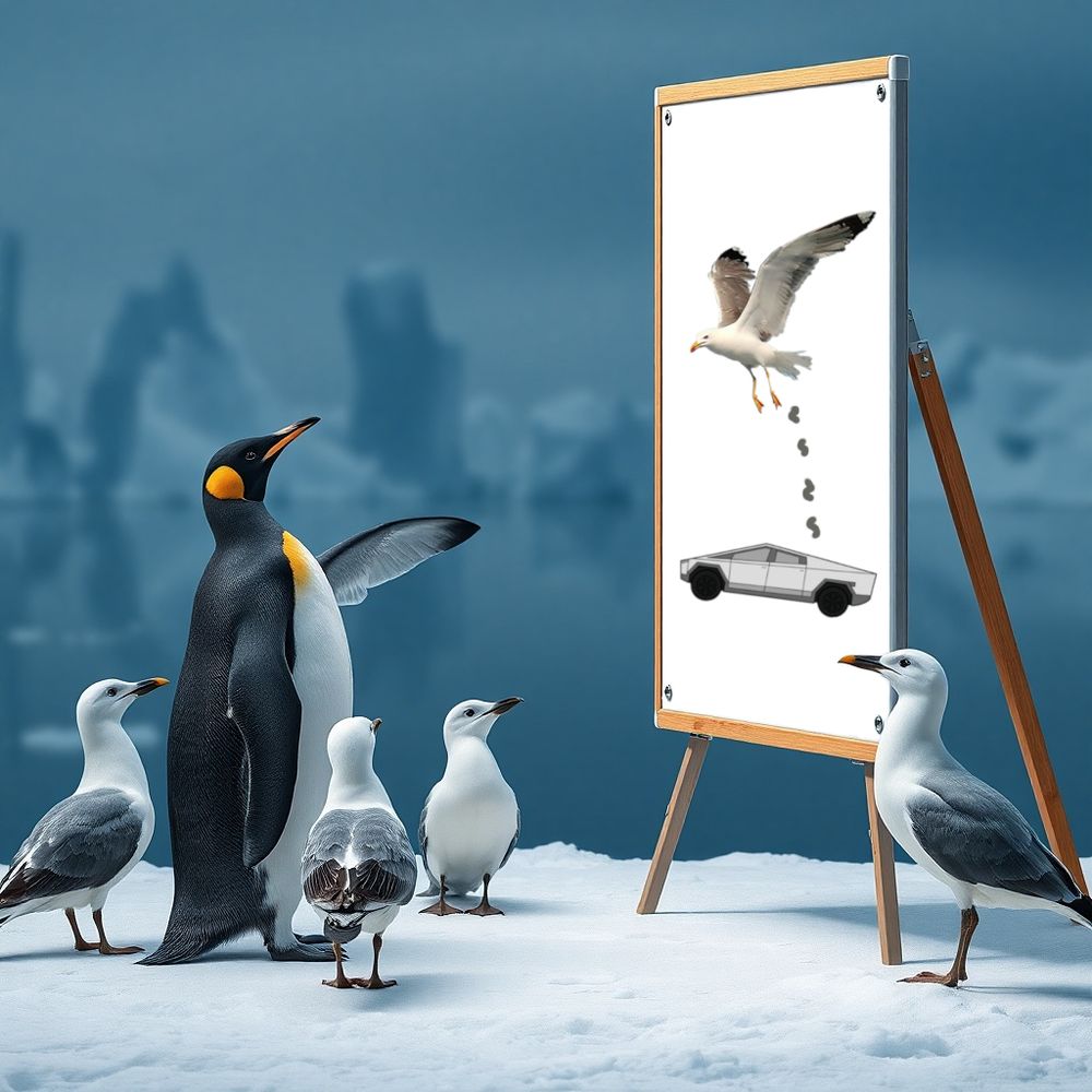 Penguins presenting their top-secret operation: seagull poop strikes on Tesla vehicles.