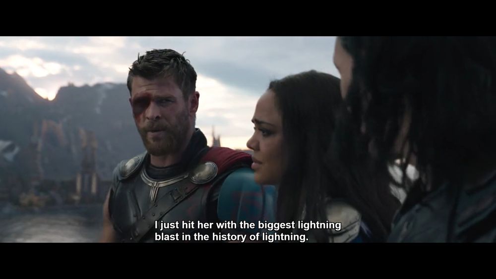 Image, showing that Hela is immune to Thor's lightning bolt blasts.