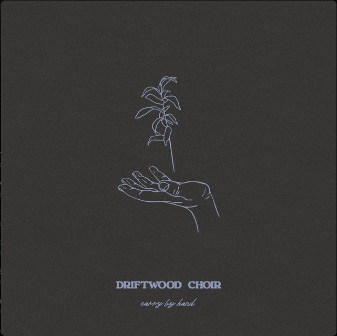 A minimalist illustration featuring a hand reaching up towards a small plant. The background is dark, and the text at the bottom reads "DRIFTWOOD CHOIR" and "carry by hand."