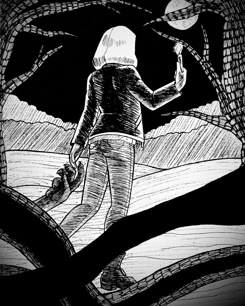 Person walking out into a field with a monstrous hand reaching out. Prompts were Alone and Candle.