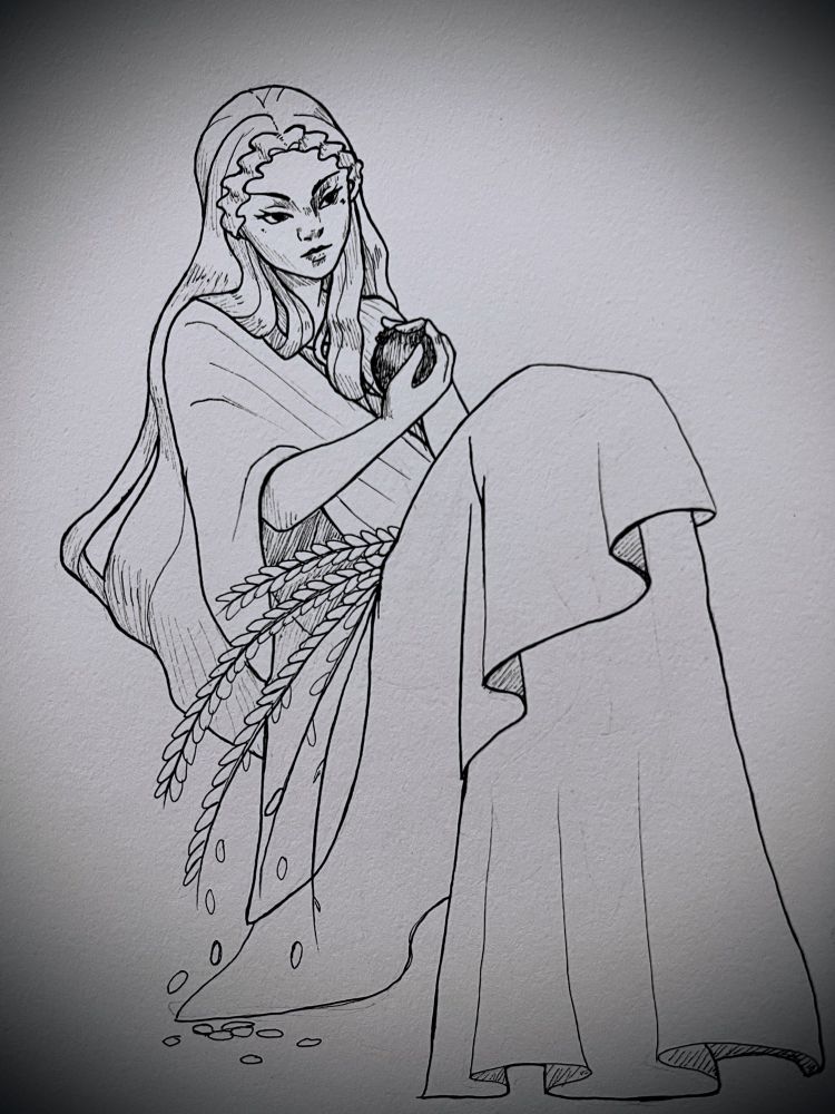 Persephone holding pomegranate and a bundle of dying wheat 