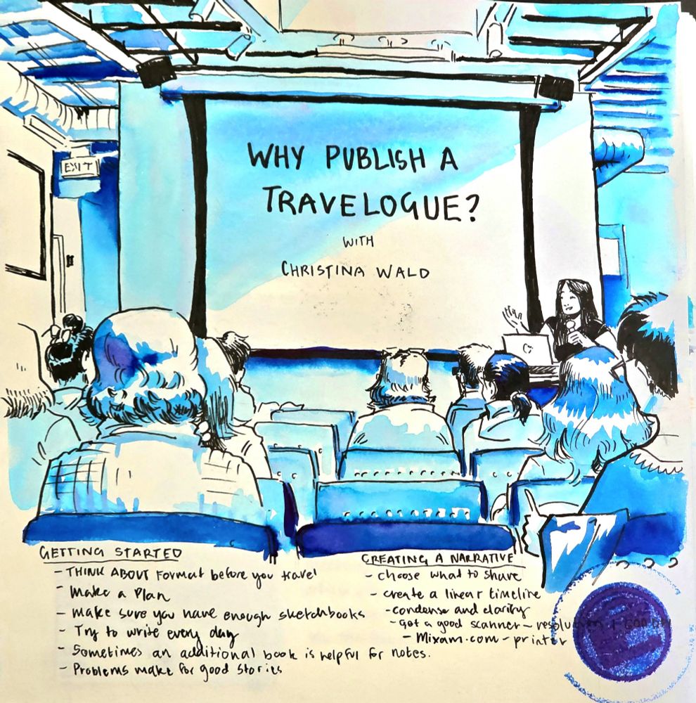 A sketch/painting of Christina Wald's talk on travelogues