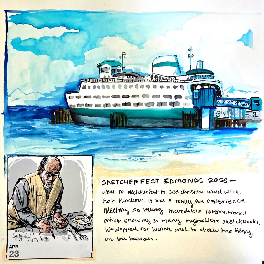 Urban sketch with ink and watercolor of a ferri loading vehicles from the pier. 
