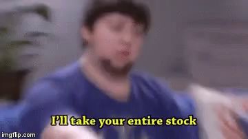 a man in a blue shirt is saying `` i 'll take your entire stock '' while sitting on a couch .