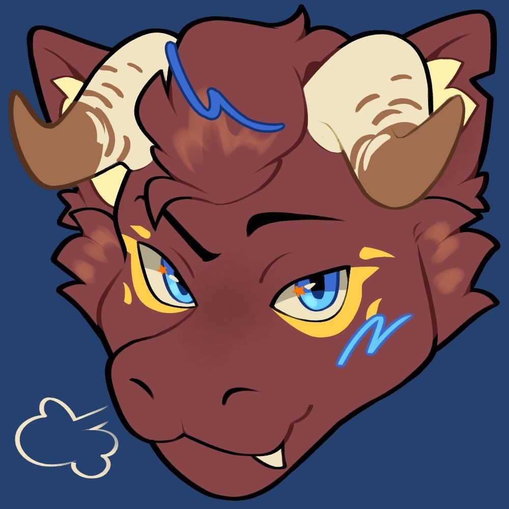 A headshot icon of a brown fluffy dragon with blue eyes and yellow under-eye markings. They have front facing beige horns that have light-brown tips. The icon also adds blue accents effects.