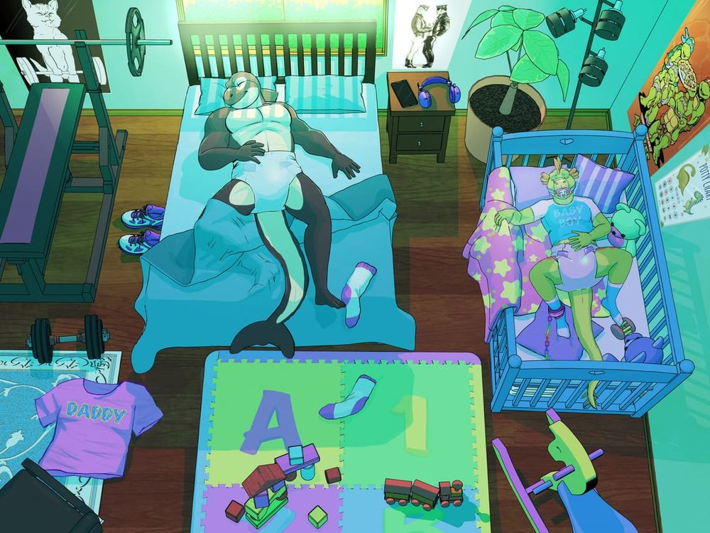 An overhead perspective shot of a busy bedroom. An anthropomorphic orca man sleeps on a full-size bed by himself, sheets sloppily kicked off so only his right leg is covered by any blankets, exposing his thick disposable night diaper covered by a semi-translucent pair of plastic pants. Surrounding his "side" of the room are his sloppily-discarded "DADDY" shirt, athletic socks, and bright sneakers on the floor, along with a weight bench, dumbbell, smartphone, and headphones on a nearby nightstand.

Off against the nearby wall sits an adult-sized crib with an anthropomorphic stegosaurus sleeping inside, a bulky pink disposable diaper taped around his waist and wearing a pink-and-blue t-shirt that says "BABY BOY" across his chest with matching athletic socks. A pacifier-gag is strapped into his beak and around his head to keep him quiet, various blankets, pillows, plush, and toys scattered in the crib to keep him occupied and comfortable. A cuff is locked around his right ankle, a rainbow chain secured to the crib preventing escape. The stegosaur's "side" of the bedroom has similarly juvenile paraphenalia: a rocking horse in the corner, a potty chart on the wall over the crib, and an ABC123 foam playmat on the floor with building blocks and wooden toy train left out from a prior play session.