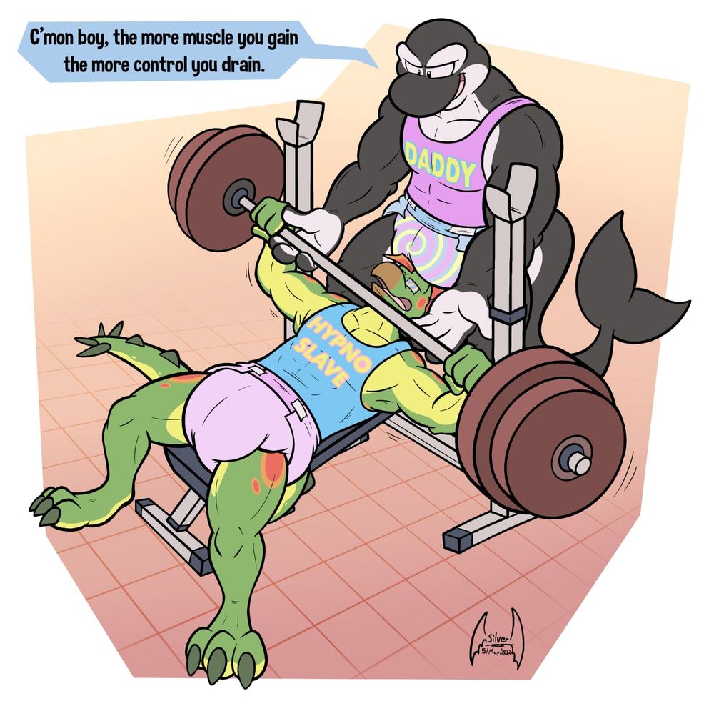A pair of men working out. One is a buff orca acting as the spotter, wearing a pink tanktop with "DADDY" stenciled across its front, and a thick disposable diaper with a multi-colored hypno-spiral design on it.

On the weight bench and currently benchpressing is a stegosaurus, wearing a baby blue tanktop with "HYPNO SLAVE" stenciled on its front, and a thick pink disposable diaper taped around his loins.  He's mid-rep and clearly struggling a bit, with a hypnotic trance in his eyes and a bit of drool pooling at the corner of his beak.