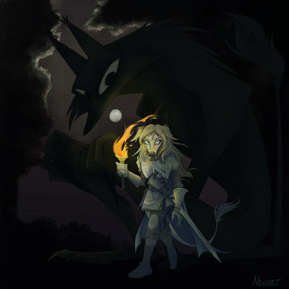 anthropomorphic blonde-haired dog with armor walks through the forest holding a torch at night. A big wolf shaped figure stares at him in the background 