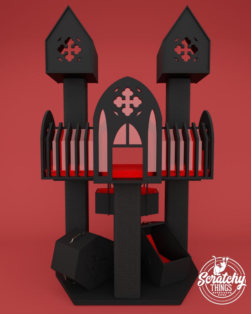Gothic cat tree. It has 3 coffin shaped beds(one is a swing), 3 large beds inside the cathedral middle part and two houses on the scratching towers. The Scratcher is fully black, with red cushions and red plexiglass in the inside of the cathedral portion