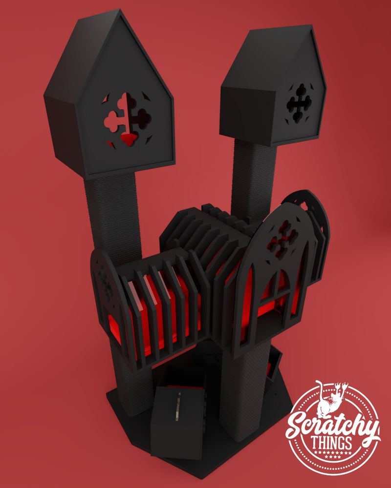 Cat tree themed around a cathedral with 2 towers and with a graveyard in the bottom half. There is a hanging cat bed shaped in a form of hammock. And two coffin shaped cat beds flipped on their sides. 