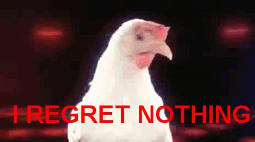 a white chicken with the words i regret nothing in red