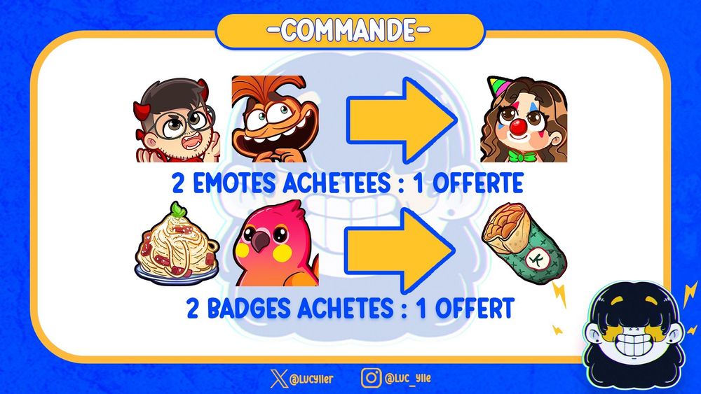 Deux emotes achetées, une supplémentaire offerte
Deux badges achetés , un supplémentaire offert

Offre valable jusqu'a mardi 28/01 10h AM