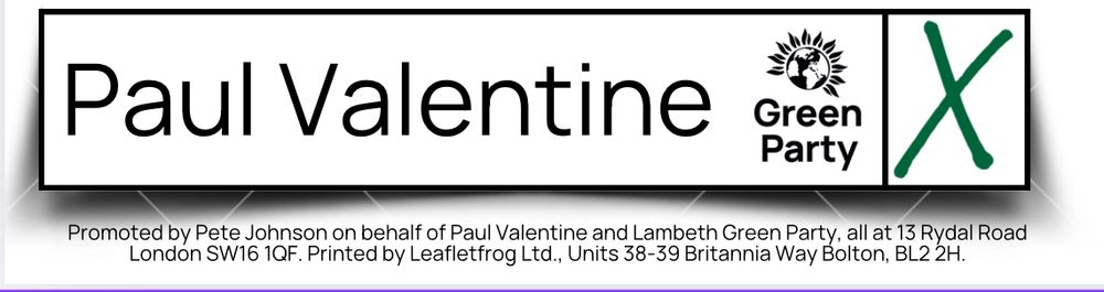 A picture of a rectangular box, looking like a line on a ballot paper, saying “Paul Valentine, the Green Party world logo and a big ‘X’” representing a vote for Paul