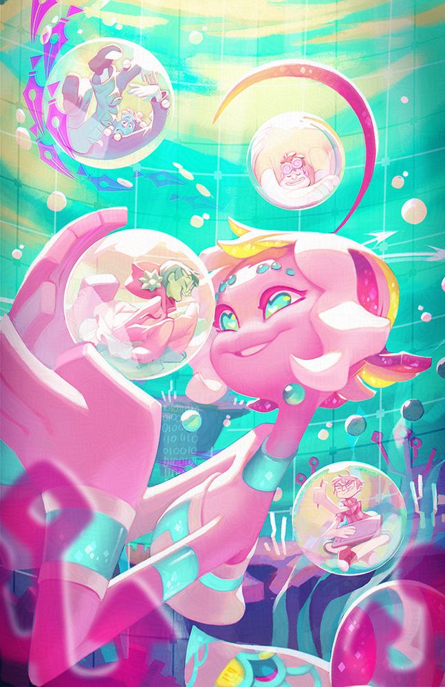 Illustration of Sayu and her creators, floating around her in iridescent bubbles.