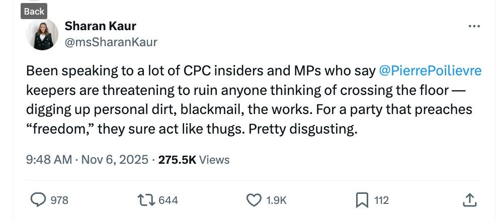 Message from Sharan Kaur stating MP's are being threatened and blackmailed