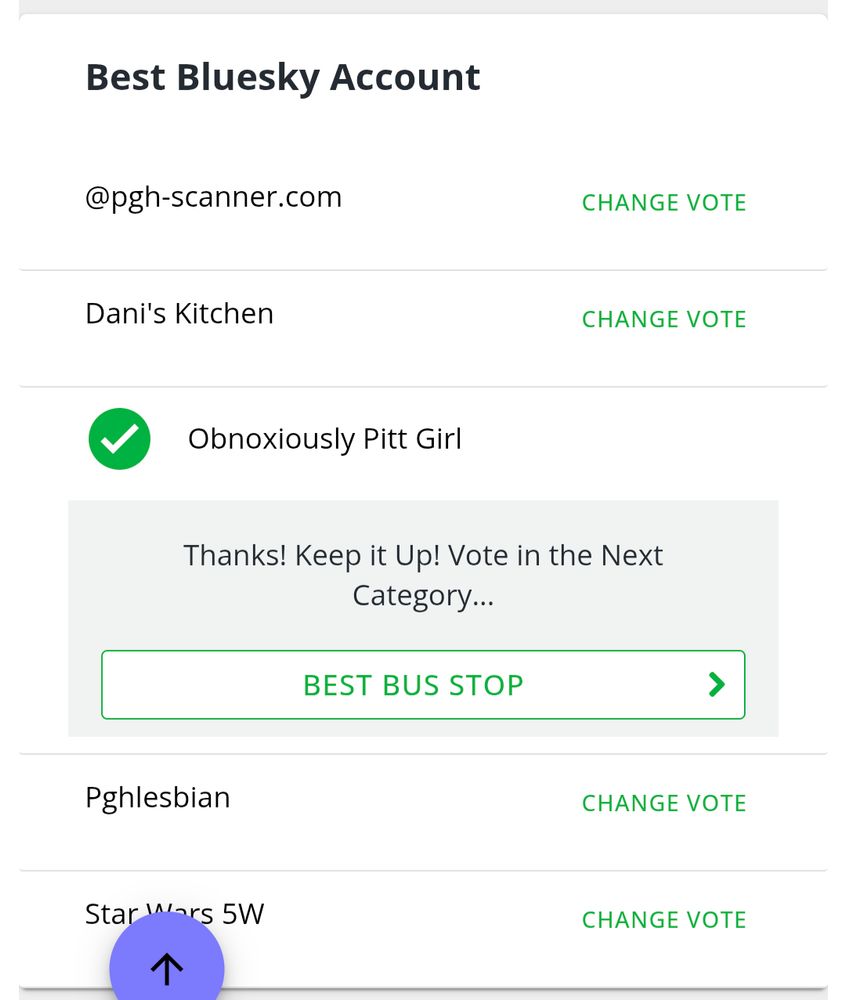 A voting ballot for Best Bluesky Account in the 2025 PGH city paper Best Of. This voter has wisely voted for Obnoxiously Pitt Girl