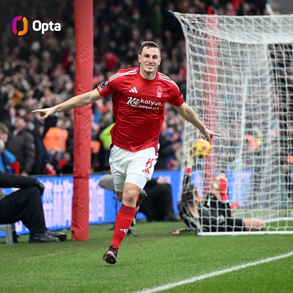 Chris Wood celebrates putting Nottingham Forest 3-0 ahead against Brighton.