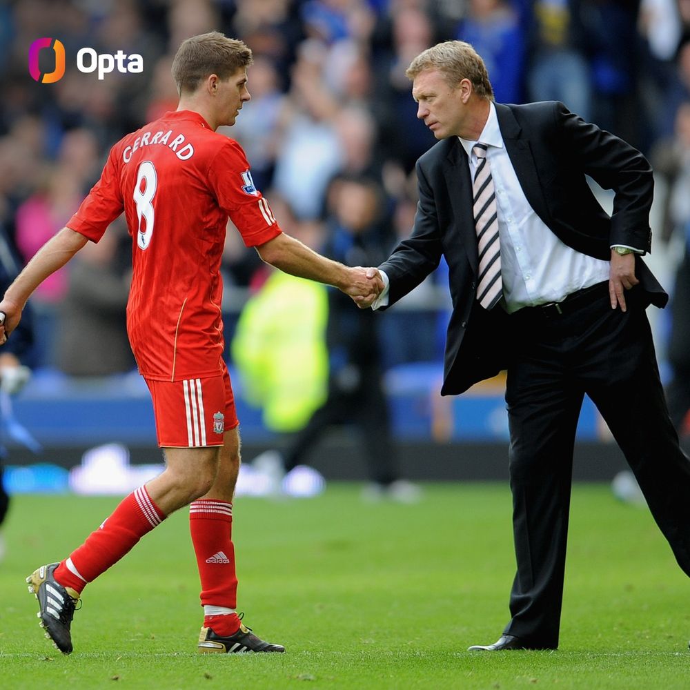 Liverpool captain Steven Gerrard and Everton manager David Moyes shake hands during a Merseyside derby at Goodison Park in 2010.