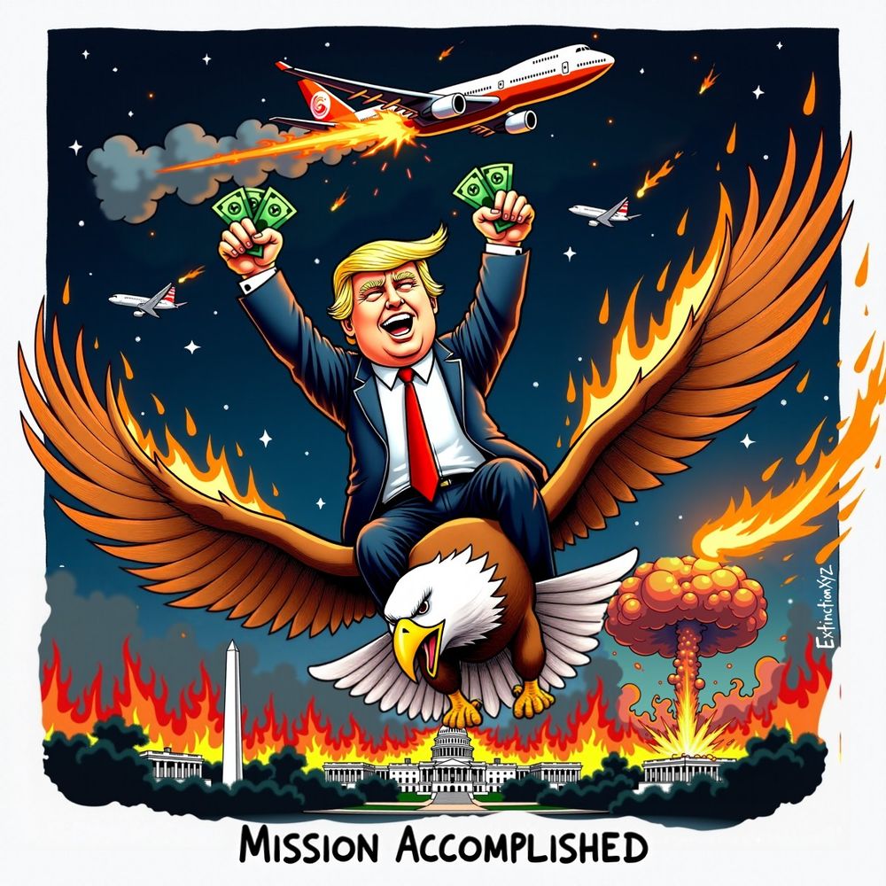 A highly stylized political cartoon depicts a caricatured Donald Trump riding a fierce-looking bald eagle with outstretched wings, soaring over a burning Washington, D.C. He holds wads of cash in both hands, grinning triumphantly. Behind him, flames engulf the U.S. Capitol and White House, while a fiery explosion erupts in the distance. The night sky is filled with smoke and destruction, with a commercial airplane trailing flames as it plummets. Smaller jets scatter across the sky. The entire scene is surrounded by an apocalyptic glow, with the phrase 'MISSION ACCOMPLISHED' emblazoned at the bottom in bold, sarcastic lettering. The exaggerated, surreal composition conveys themes of chaos, destruction, and unchecked power.