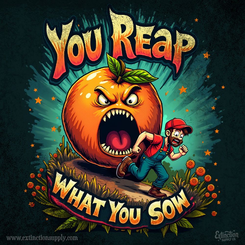 A cartoon-style digital illustration features a terrified farmer in blue overalls and a red cap running for his life from a monstrous, angry orange with sharp teeth and a menacing expression. The words 'YOU REAP' appear in large, fiery letters at the top, while 'WHAT YOU SOW' is emblazoned at the bottom, surrounded by lush plants and flowers. The background has a dark, textured effect with splashes of green and orange stars, giving the image a retro horror-comic feel. 