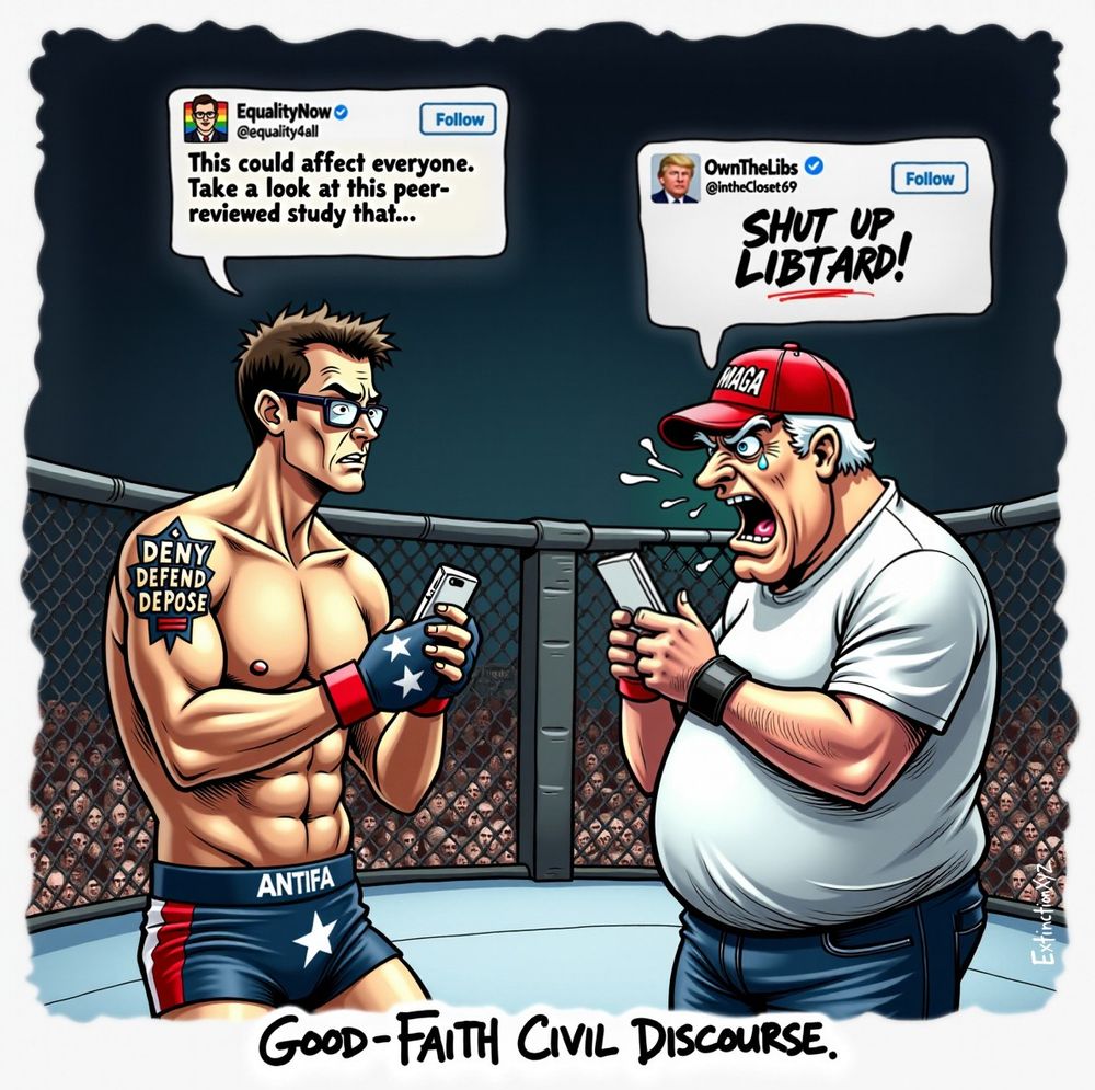 "A satirical political cartoon depicting an internet debate as a literal cage fight. On the left, a muscular man in boxing shorts labeled 'ANTIFA' stands in the ring, holding a phone with a confused yet determined expression. He has a tattoo on his shoulder reading 'DENY DEFEND DEPOSE' and wears patriotic-themed MMA gloves. A Twitter speech bubble above him, from the account '@equality4all' named 'EqualityNow,' reads: 'This could affect everyone. Take a look at this peer-reviewed study that…' His opponent, on the right, is an overweight, red-faced man wearing a MAGA hat, jeans, and a tight white T-shirt. He is sweating, furiously gripping his phone while shouting. His Twitter speech bubble, from the handle '@intheCloset69' named 'OwnTheLibs,' simply says: 'SHUT UP LIBTARD!' The scene takes place in a packed MMA-style arena, with a roaring crowd watching the 'debate.' At the bottom, the sarcastic caption reads: 'Good-Faith Civil Discourse.' 