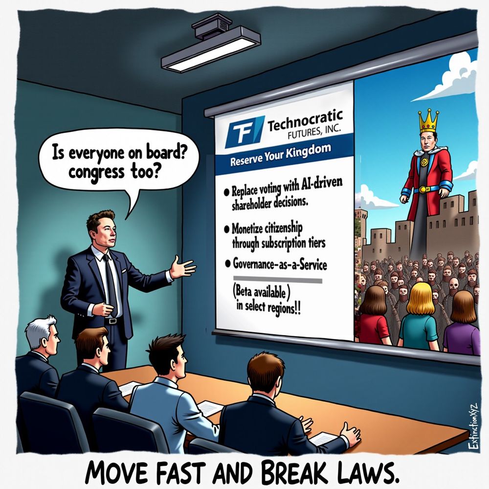 A corporate boardroom scene features a tech CEO—resembling Elon Musk—giving a presentation to a group of executives in suits. The slide on the projector is titled ‘Technocratic Futures, Inc.’ with the tagline ‘Reserve Your Kingdom.’ Bullet points on the slide outline a dystopian corporate takeover plan, including: ‘Replace voting with AI-driven shareholder decisions,’ ‘Monetize citizenship through subscription tiers,’ and ‘Governance-as-a-Service (Beta available in select regions!!).’ Elon, looking skeptical, asks, ‘Is everyone on board? Congress too?’ In the background, part of the presentation screen opens to reveal a real-world dystopia: a futuristic kingdom ruled by a tech billionaire dressed as a medieval king, towering over a crowd of citizens in a walled city. The caption at the bottom reads, ‘MOVE FAST AND BREAK LAWS.’