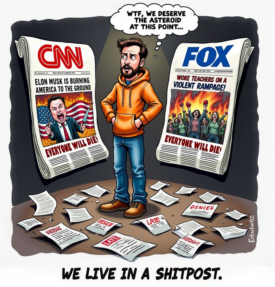 A man in an orange hoodie and jeans stands in the center of the image, looking bewildered as newspapers fall around him. He has a confused, slightly panicked expression, with his hands in his hoodie pocket and his posture tense. Above his head, a thought bubble reads: 'WTF, we deserve the asteroid at this point...'

To his left, a large newspaper labeled ‘CNN’ features a dramatic headline: 'ELON MUSK IS BURNING AMERICA TO THE GROUND.' Below the headline, an exaggerated, angry image of Elon Musk is shown waving an American flag while flames rise behind him. The subtext reads: 'EVERYONE WILL DIE!'

To his right, a newspaper labeled ‘FOX’ displays another extreme headline: 'WOKE TEACHERS ON A VIOLENT RAMPAGE!' The accompanying image shows a mob of teachers holding apples, their faces twisted in rage. The same subtext appears: 'EVERYONE WILL DIE!'

Scattered on the floor beneath the man are crumpled papers with words like ‘LATE,’ ‘OVERDUE,’ and ‘DENIED,’ symbolizing real-life financial stress and responsibilities. The entire scene is framed in a dark, spotlight-like glow, emphasizing the chaos around him.

At the bottom of the image, bold text reads: 'WE LIVE IN A SHITPOST.' The cartoon is a satirical take on modern media sensationalism, portraying the overwhelming, contradictory, and fear-mongering nature of news coverage today.
